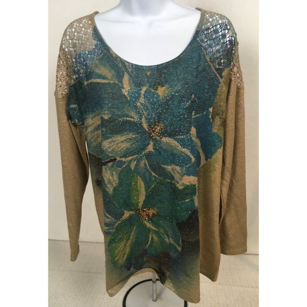 French Bazaar Top Women Size L Tan Blue Sequins Crochet Shoulders Long Sleeves